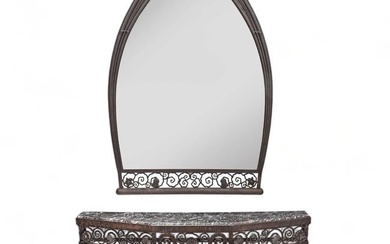 Paul Kiss Art Deco Wrought Iron Console Table with Marble Top and Mirror