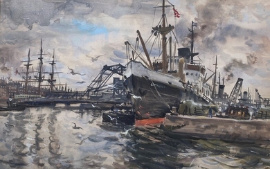 Paul PERRAUDIN (1907-1993) "Port de Coppenhague avec le Gothlang, Danemark", 1947 Aquarelle gouachée signée, située...