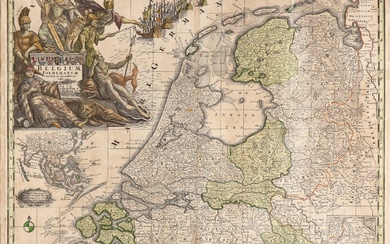 [Pays-Bas]. "Belgique Foederatum. Carte gravée à la main, grand cartouche de titre, carte des Indes...