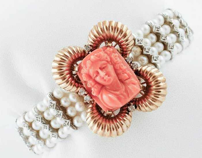 Pearl Bracelet with Gold and Coral Closure
