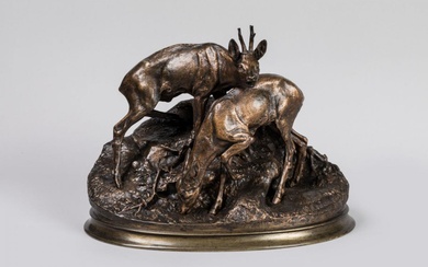 Pierre-Jules MENE (1810-1879). "Couple de chevreuils, 1859". Sujet en bronze à patine brune signé et...