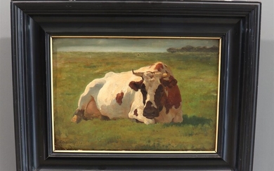 Pieter Stortenbeker (1828-1898), gesign. l.o., liggende koe in de wei,...