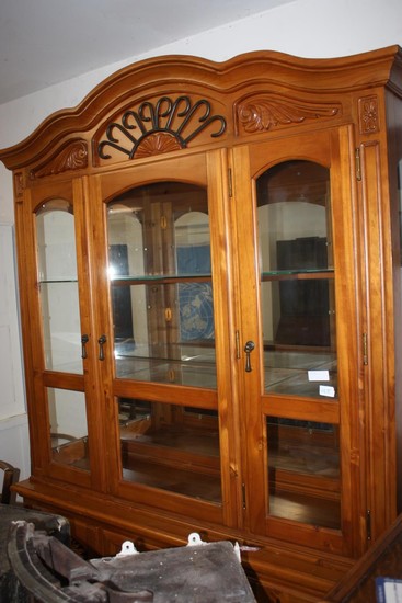 Pine Back-Lit Display Cabinet having Glazed Three-Door Top S...