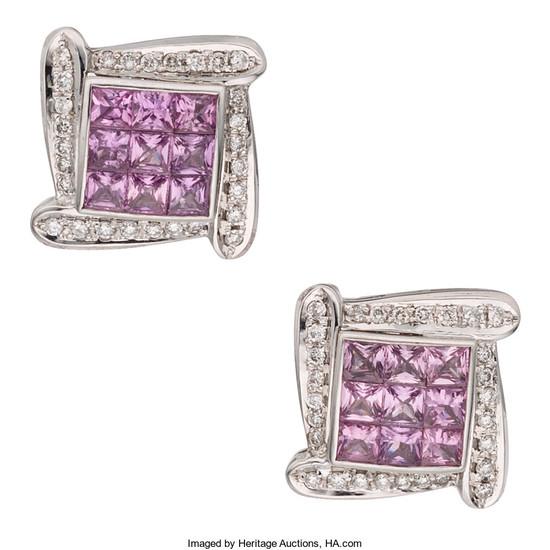 Pink Sapphire, Diamond, White Gold Earrings The earrings feature...