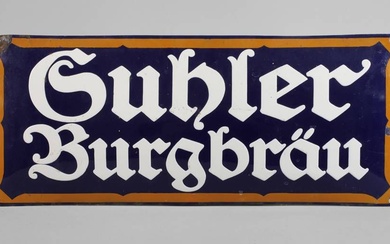 Plaque émaillée Suhler Burgbräu vers 1920, sans fabricant, plaque rectangulaire allongée et bombée, émaillée en...