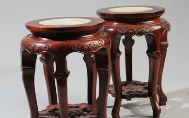 Pr. Chinese Marble Top Rosewood Tabletop Stands