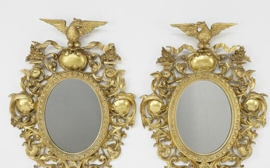 Pr of American Carved Giltwood Oval Mirrors, 19th c.