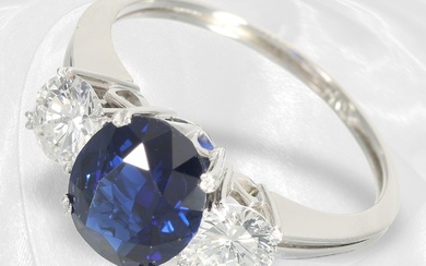 Precious sapphire/brilliant-cut diamond goldsmith ring in platinum, fine sapphire accompanied by 2 very beautiful half carats.