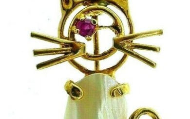 RETRO 14k Yellow Gold, Mother of Pearl & Ruby Cat Pin