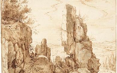 ROELANDT SAVERY | MOUNTAINOUS LANDSCAPE WITH TRAVELLERS ON A ROCKY PATH