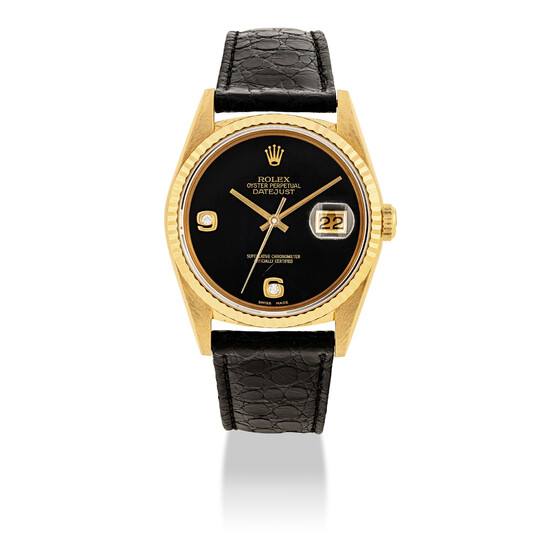ROLEX, GOLD AND DIAMONDS DATE JUST WITH ONYX DIAL, REF. 16238