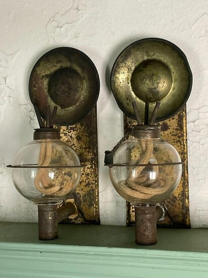 Rare Pair of Blown Glass and Tin Wall Sconces