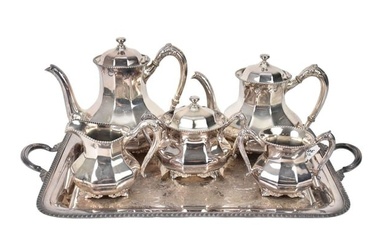 Reed & Barton 5pc. Silverplate Tea Service, Taunton Mass. With Non-Matching Tray