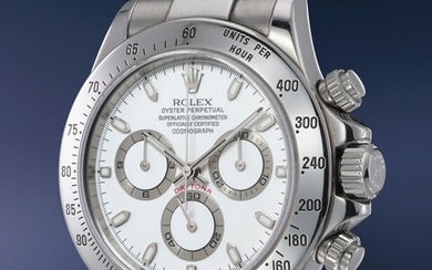 Rolex, Ref. 116520, inside caseback stamped "2100" A surprising, early and very collectible stainless steel chronograph wristwatch with cream dial, bracelet, guarantee and box