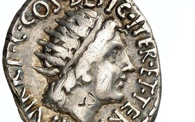 Roman Republic (Imperatorial). Mark Antony. AR Denarius,Athens mint 38/37 B.C. Sol bust. / M ANTONIVS M F M N AVGVR IMP TER. Very rare.