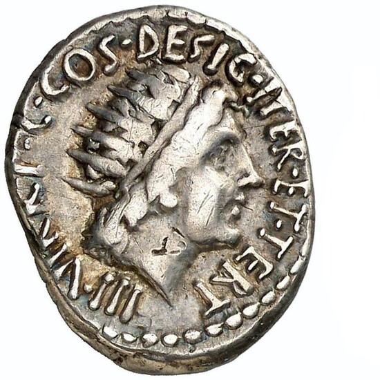 Roman Republic (Imperatorial). Mark Antony. AR Denarius,Athens mint 38/37 B.C. Sol bust. / M ANTONIVS M F M N AVGVR IMP TER. Very rare.