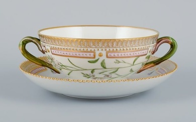 Royal Copenhagen Flora Danica boullion cup with saucer in hand-painted porcelain with branch-shaped