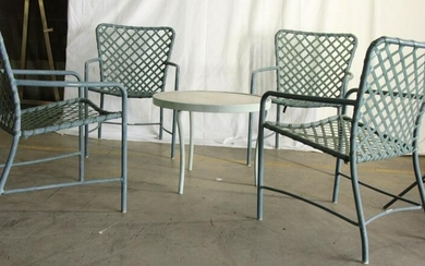 SET OF FOUR PATIO ARMCHAIRS AND ROUND TABLE