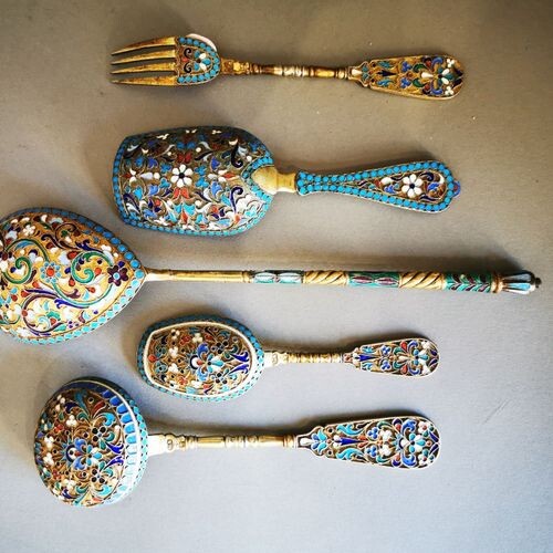 SET OF GOLDED and enamelled silver cutlery. RUSSIA (Moscow), various...