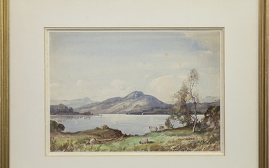 SHEEP GRAZING BY A LOCH, A WATERCOLOUR BY