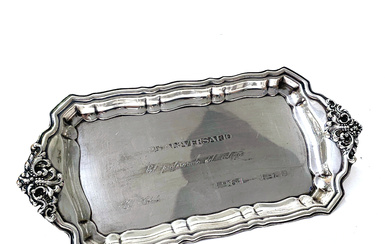 SILVER TRAY. WITH INSCRIPTION. ROLL-LIKE HANDLE DETAIL.