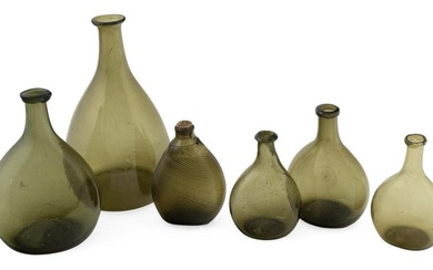 SIX OLIVE GREEN BLOWN GLASS FLASKS AND BOTTLES America, First Half of the 19th Century Heights from