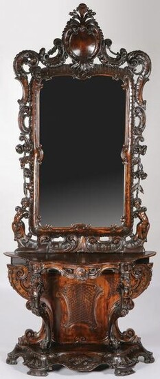 SPECTACULAR CARVED WOOD HALL MIRROR 19TH C