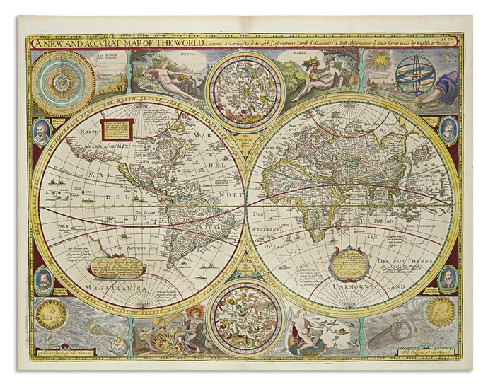 SPEED, JOHN. A New and Accurat Map of the World. Double-page, double-hemispheric decorative...