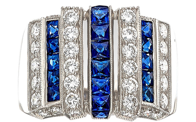Sapphire, Diamond, White Gold Ring Stones: French-cut sapphires weighing...
