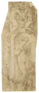 School of Fontainebleau, 16th Century, Wall design with Venus, Cupid and two putti