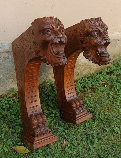 Sculpture, "Pair of satyrs holding shelves" - Wood - 19th century