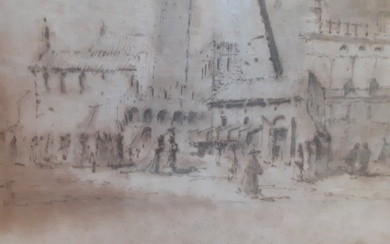 Scuola bolognese (XVIII) - Bologna, piazza con veduta della torre garisenda e degli asinelli