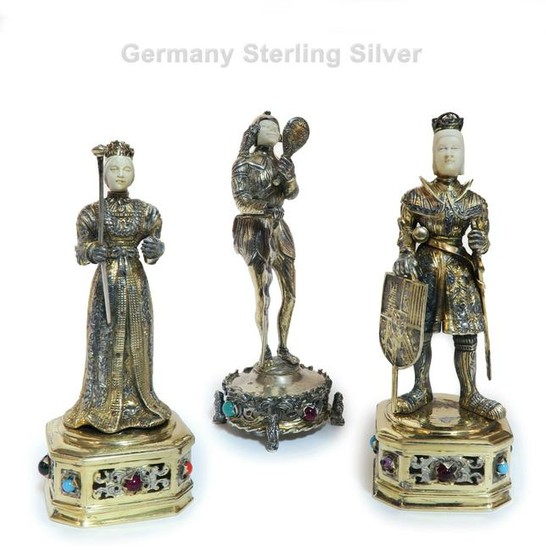 Set of 3 German Sterling Silver & Jewelled Figures