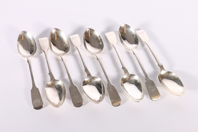 Set of eight Victorian silver dessert spoons of fiddle patte...