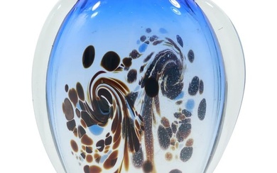 Signed Studio Art Glass Vase Blue to Clear with Abstract Design 9.25 inches height x 7 inches