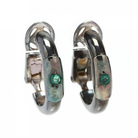 Silver and Emerald Hoop Earrings, Lalounis