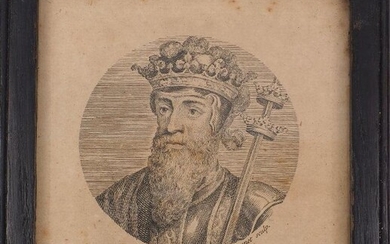 Simon François Ravenet, French 1706-1774- Edward III; engraving, plate: 9.8 x 9.8 cm: together with nine other engravings depicting various Kings and Queens of Britain, 13 x 10 cm (max.), (10)