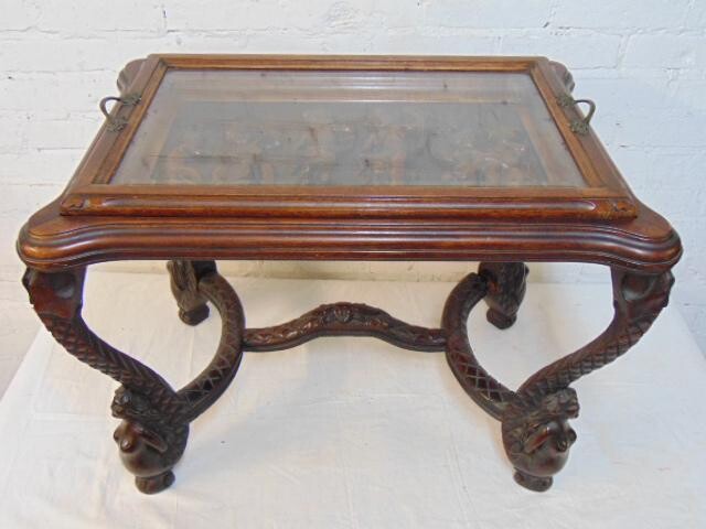 Small carved top side tray table with carved musical