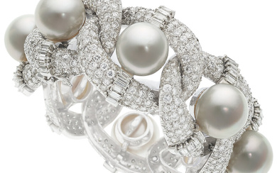 South Sea Cultured Pearl, Diamond, Platinum Bracelet Stones: Full-cut...