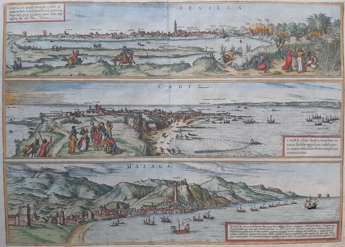 Spain, Sevilla, Cadíz, Málaga; G Braun & F Hogenberg - Hispalis, sevilla (...) & Cadiz, olim Gades (...) & Masace, maritimum (...) - 1572