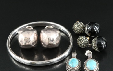 Sterling Earrings and Bracelet Including Black Onyx, Marcasite, Faux Turquoise