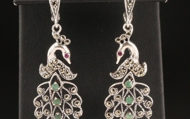 Sterling Emerald and Marcasite Peacock Dangle Earrings