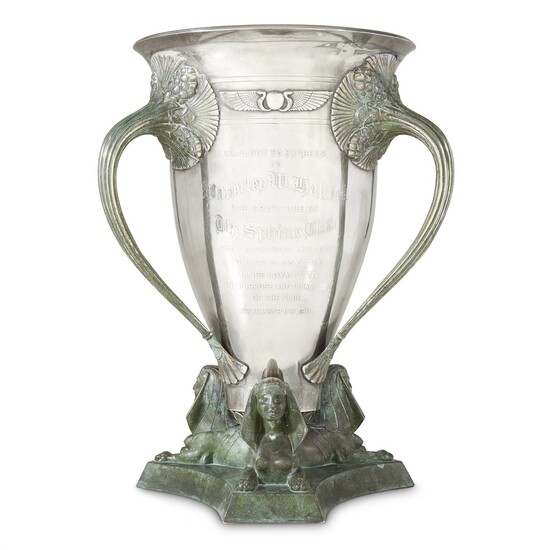Sterling silver Egyptian-style three-handled presentation trophy from the Sphinx Club Mauser Mfg. Co., New York, NY, circa 1904