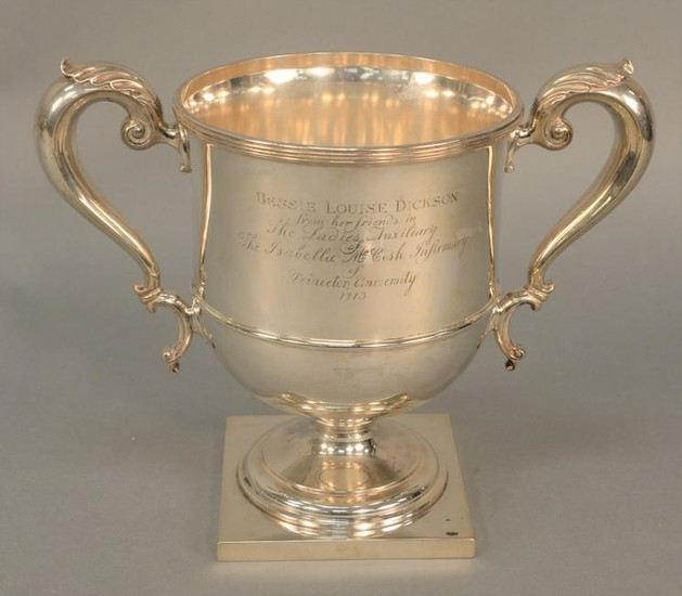 Sterling silver trophy, two handled cup, presented to