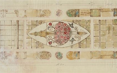 Atelier Galileo Chini, Study for stained glass window decorated with Phoenician palmettes, flowers, basket and birds