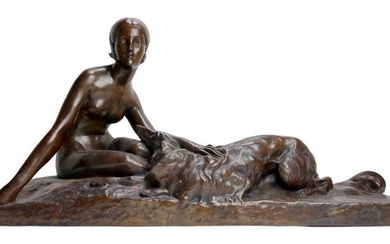 Susse Frères bronsgieterij - Georges Coste - Sculpture, Zittende vrouw met hond - 35 cm - Bronze (patinated)
