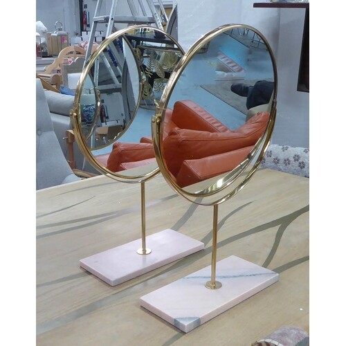 TABLE TOP VANITY MIRRORS, a pair, marble bases, 49cm tall. (...