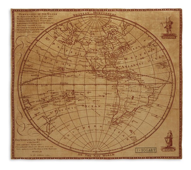 (TEXTILE MAP.) Western Hemisphere, or the New World. Map of the Americas decorated...