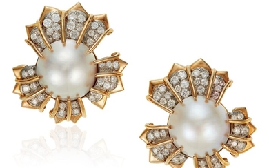 TIFFANY & CO. SCHLUMBERGER MABÉ PEARL AND DIAMOND EARRINGS