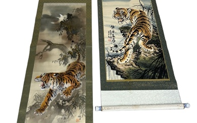 TWO CHINESE SCROLL PAINTINGS DEPICTING TIGERS (2) 125cm x...
